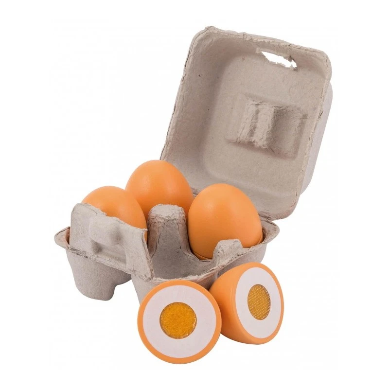 Комплект за детска кухня Joueco, Дървени яйца с велкро, 4 броя в картонена кутия